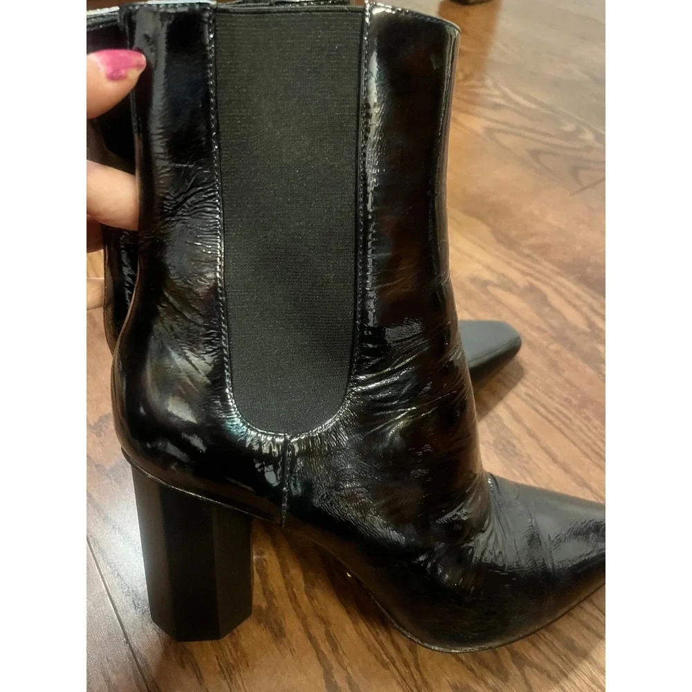 Donald Pliner Black Patent Crinkle Leather Hexagonal Block Heel Ankle Boots 8M